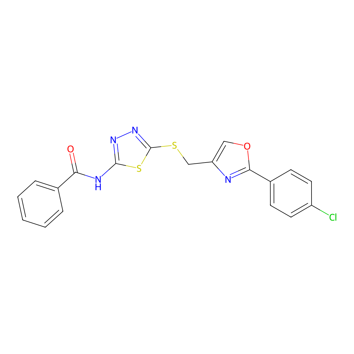 N-[5-({[2-(4-chlorophenyl)-1,3-oxazol-4-yl]methyl}sulfanyl)-1,3,4-thiadiazol-2-yl]benzamide molecular structure, CAS 823831-08-9