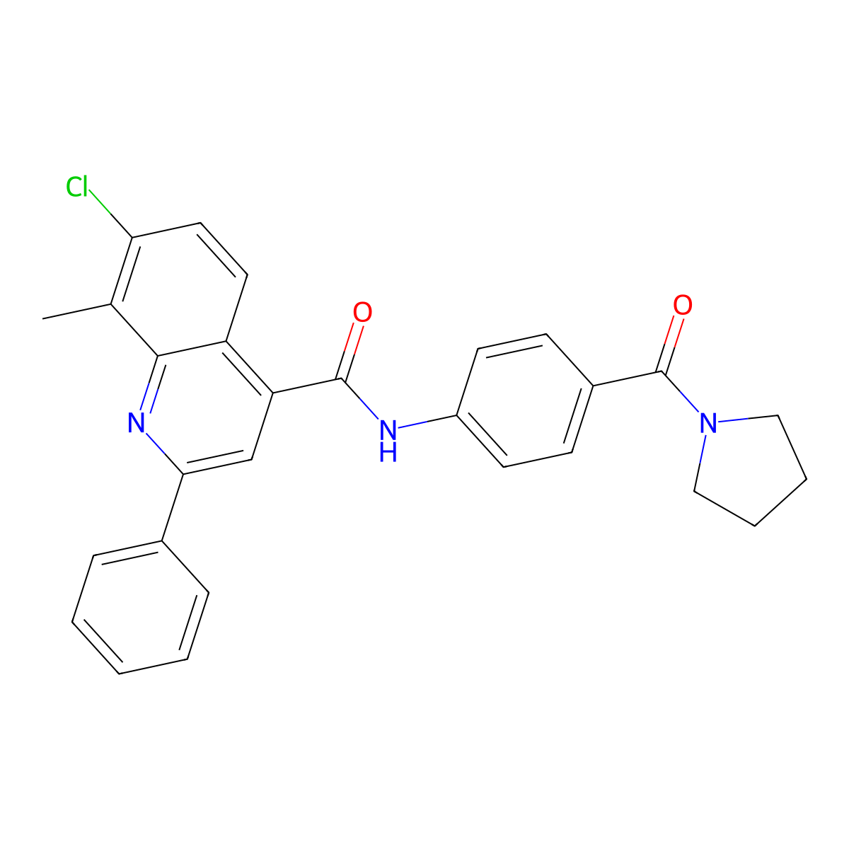 7-chloro-8-methyl-2-phenyl-N-[4-(pyrrolidine-1-carbonyl)phenyl]quinoline-4-carboxamide molecular structure, CAS 823831-36-3