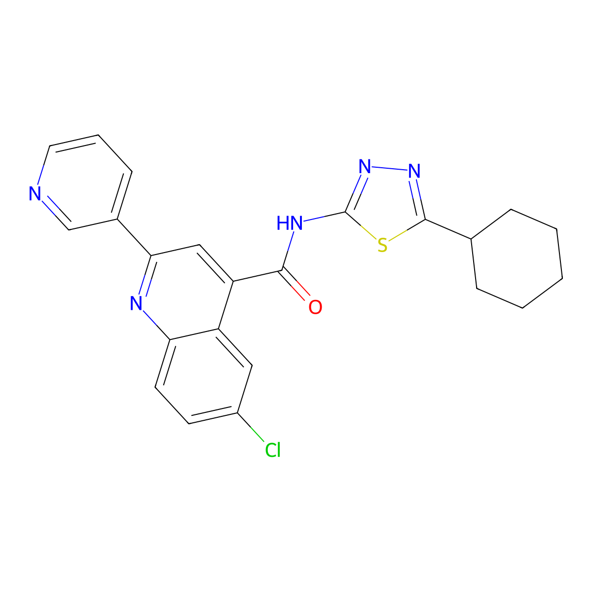 6-chloro-N-(5-cyclohexyl-1,3,4-thiadiazol-2-yl)-2-pyridin-3-ylquinoline-4-carboxamide molecular structure, CAS 823832-47-9