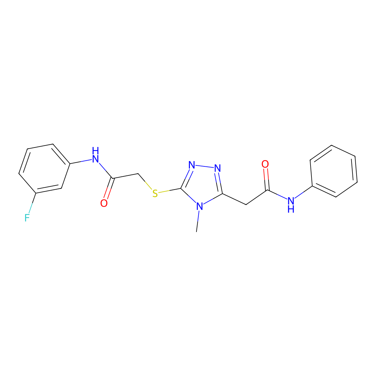 2-[5-[2-(3-fluoroanilino)-2-oxoethyl]sulfanyl-4-methyl-1,2,4-triazol-3-yl]-N-phenylacetamide molecular structure, CAS 823833-00-7