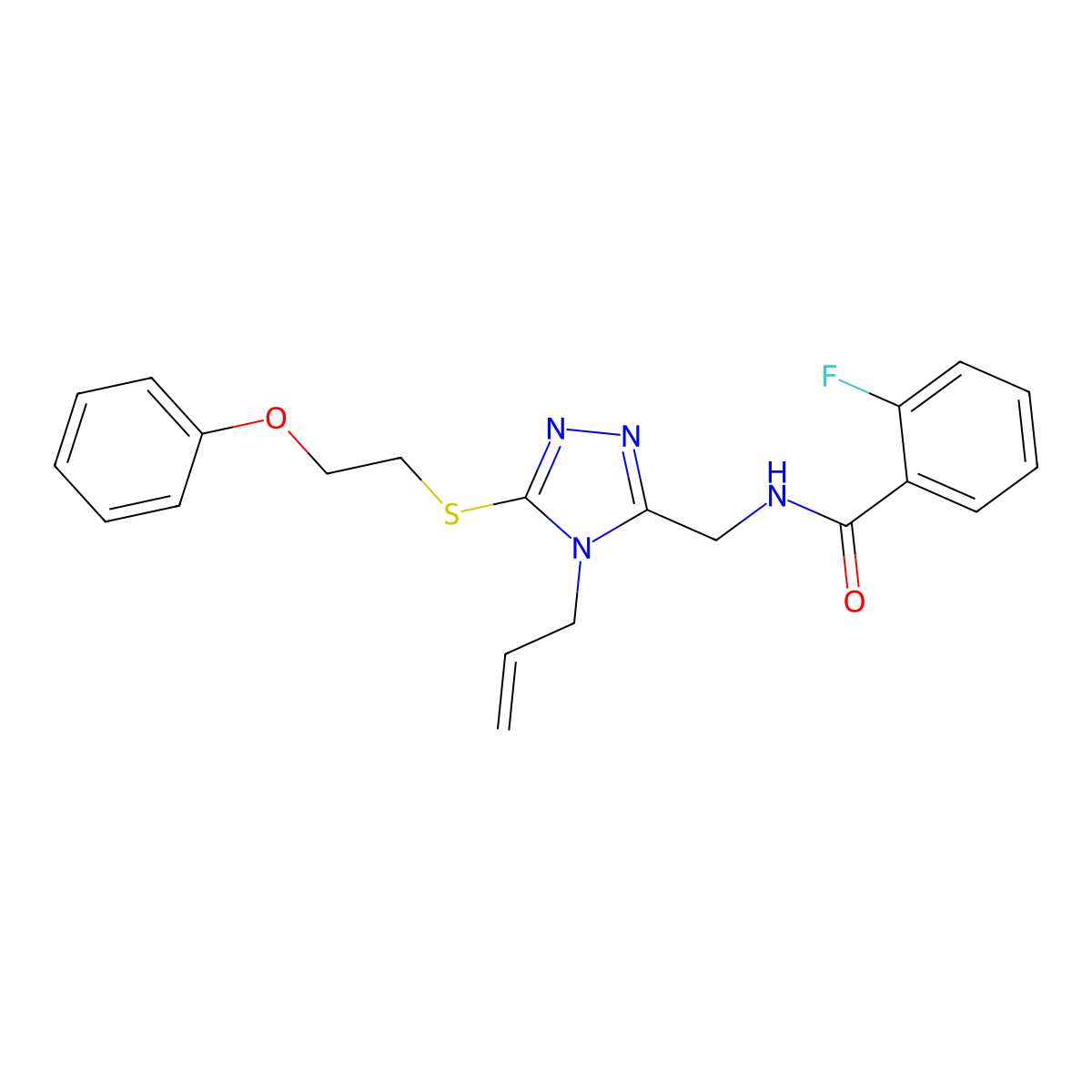 2-fluoro-N-[[5-(2-phenoxyethylsulfanyl)-4-prop-2-enyl-1,2,4-triazol-3-yl]methyl]benzamide molecular structure, CAS 823833-44-9