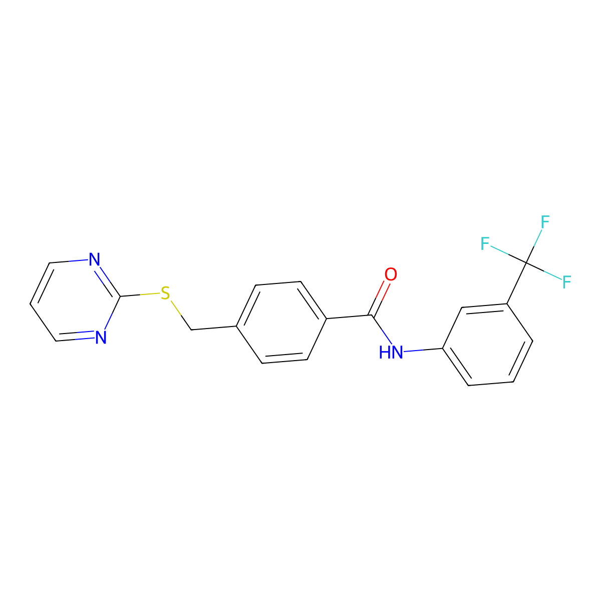 4-((pyrimidin-2-ylthio)methyl)-N-(3-(trifluoromethyl)phenyl)benzamide molecular structure, CAS 823834-27-1
