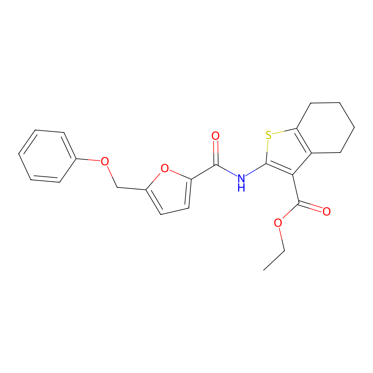 Ethyl 2-(5-(phenoxymethyl)furan-2-carboxamido)-4,5,6,7-tetrahydrobenzo[b]thiophene-3-carboxylate molecular structure, CAS 823834-72-6