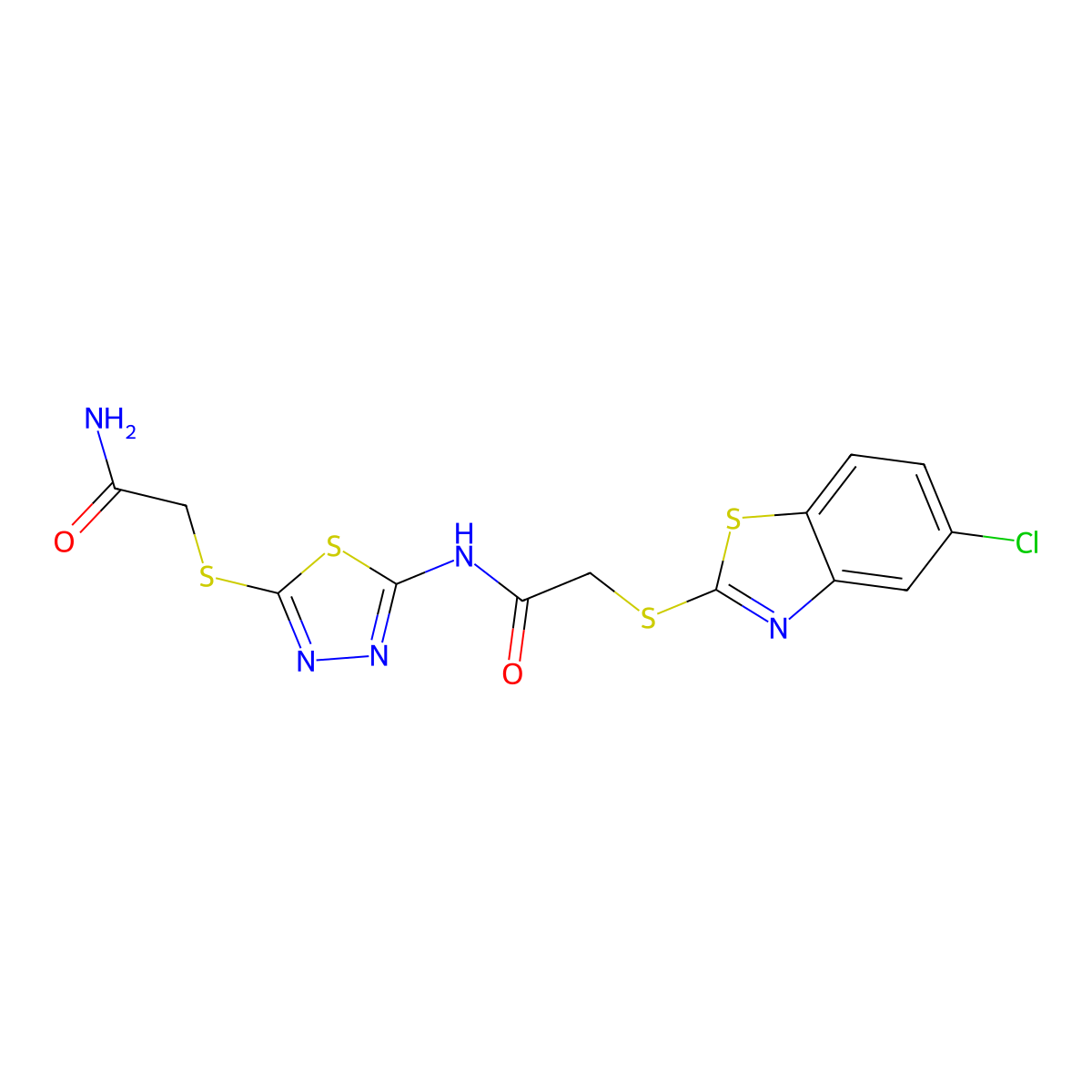 2-[[5-[[2-[(5-Chloro-1,3-benzothiazol-2-yl)sulfanyl]acetyl]amino]-1,3,4-thiadiazol-2-yl]sulfanyl]acetamide molecular structure, CAS 823835-66-1