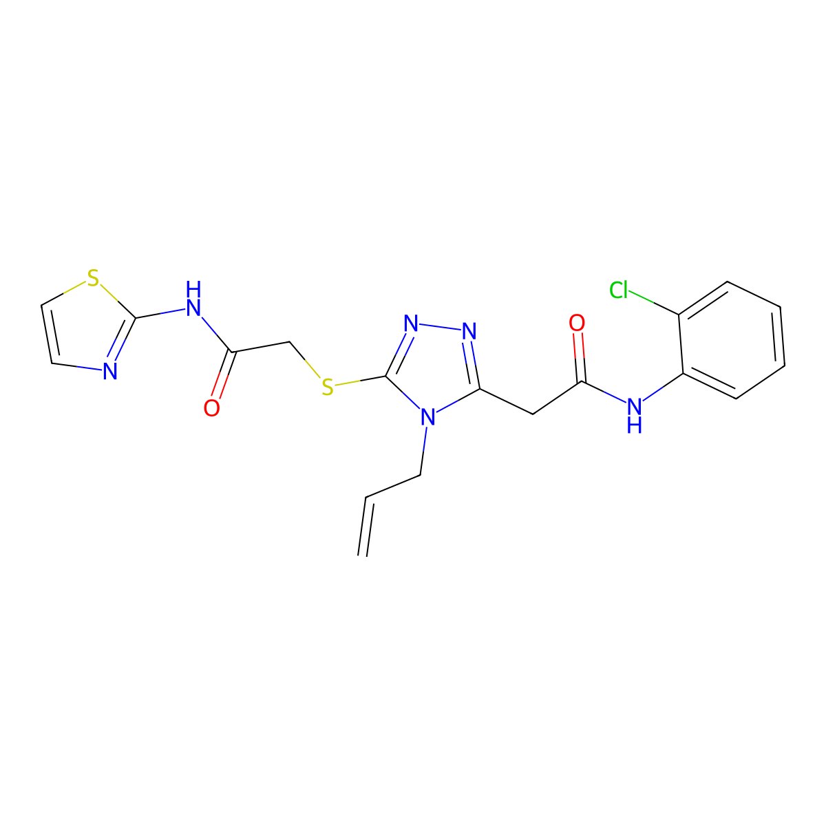 N-(2-chlorophenyl)-2-[5-[2-oxo-2-(1,3-thiazol-2-ylamino)ethyl]sulfanyl-4-prop-2-enyl-1,2,4-triazol-3-yl]acetamide molecular structure, CAS 823835-85-4