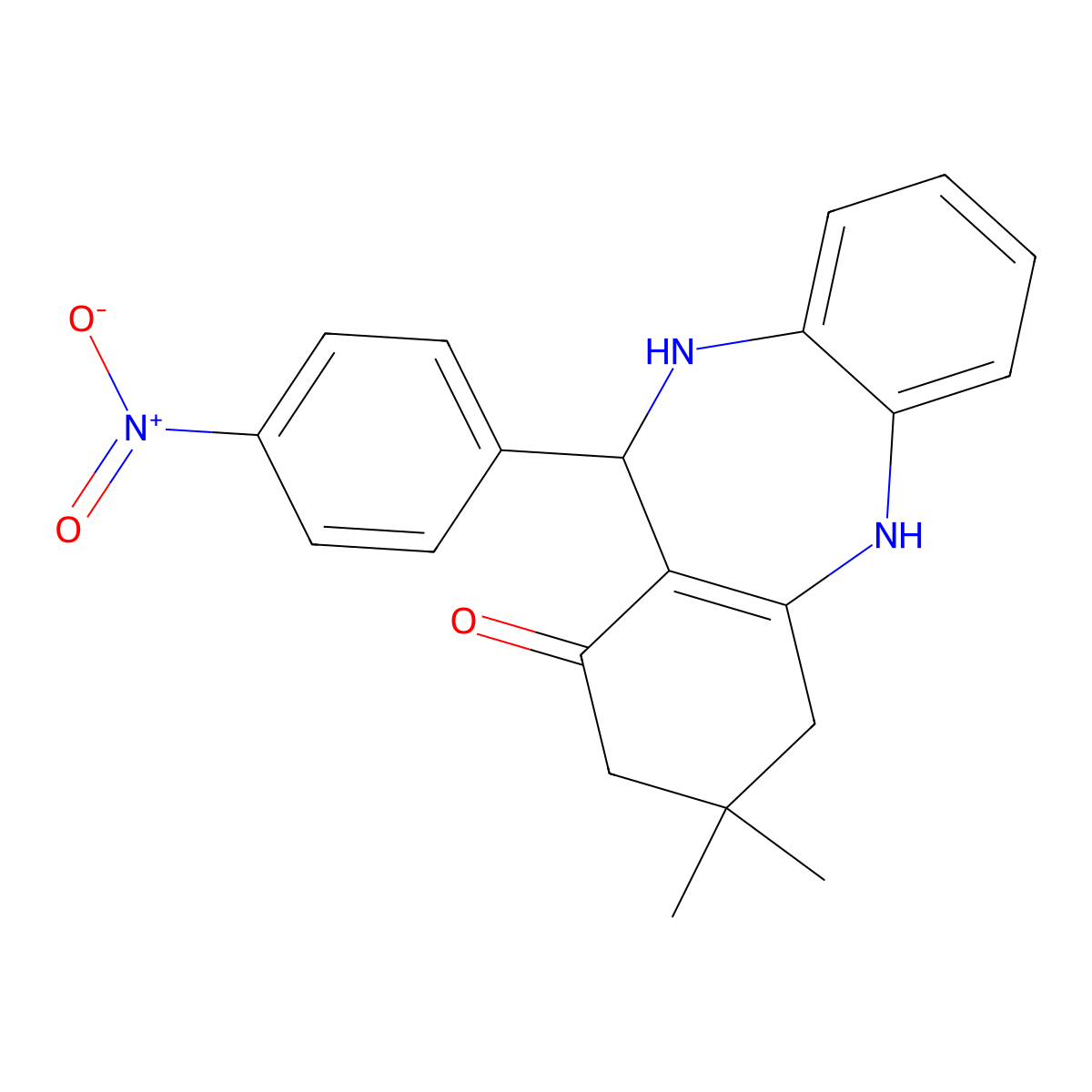 9,9-dimethyl-6-(4-nitrophenyl)-6,8,10,11-tetrahydro-5H-benzo[b][1,4]benzodiazepin-7-one molecular structure, CAS 82408-04-6