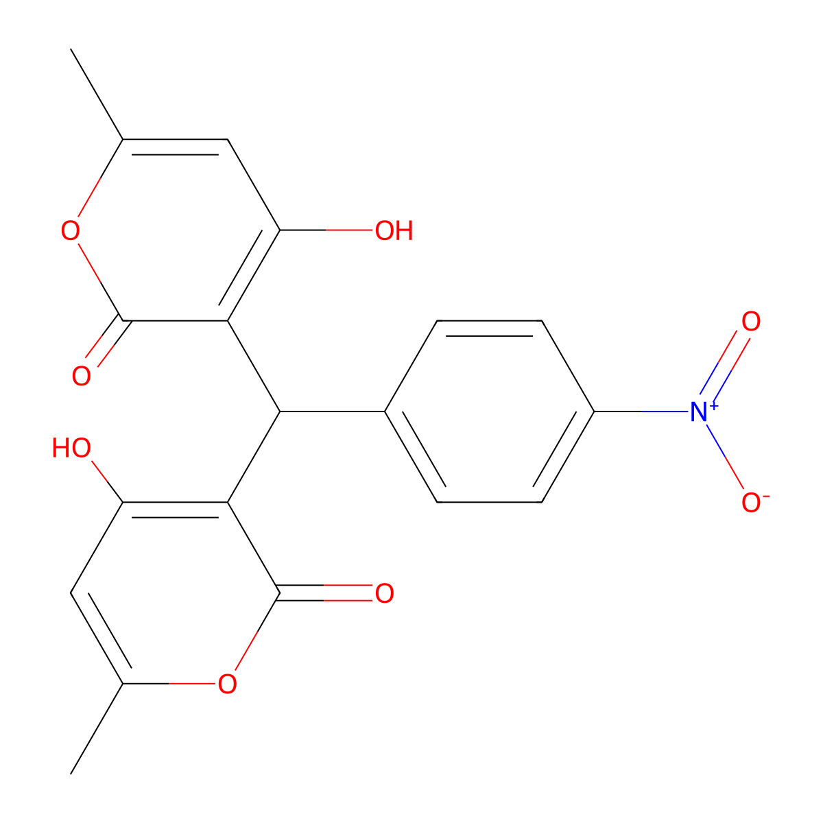 4-Hydroxy-3-[(4-hydroxy-6-methyl-2-oxopyran-3-yl)-(4-nitrophenyl)methyl]-6-methylpyran-2-one molecular structure, CAS 82420-02-8