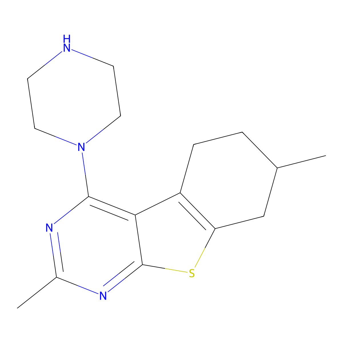 2,7-Dimethyl-4-(piperazin-1-yl)-5,6,7,8-tetrahydrobenzo[4,5]thieno[2,3-d]pyrimidine molecular structure, CAS 824414-51-9