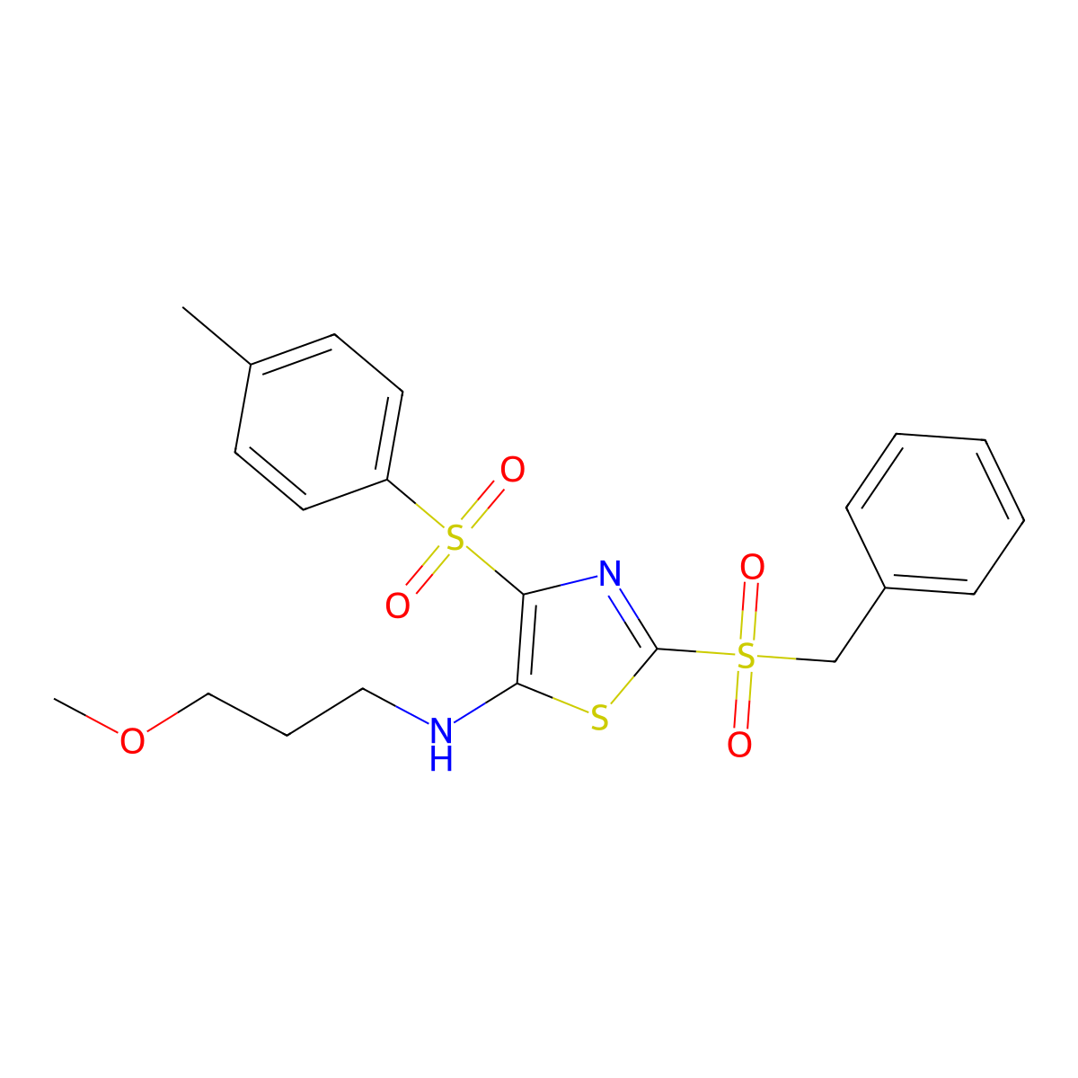 2-(benzylsulfonyl)-N-(3-methoxypropyl)-4-tosylthiazol-5-amine molecular structure, CAS 824417-69-8