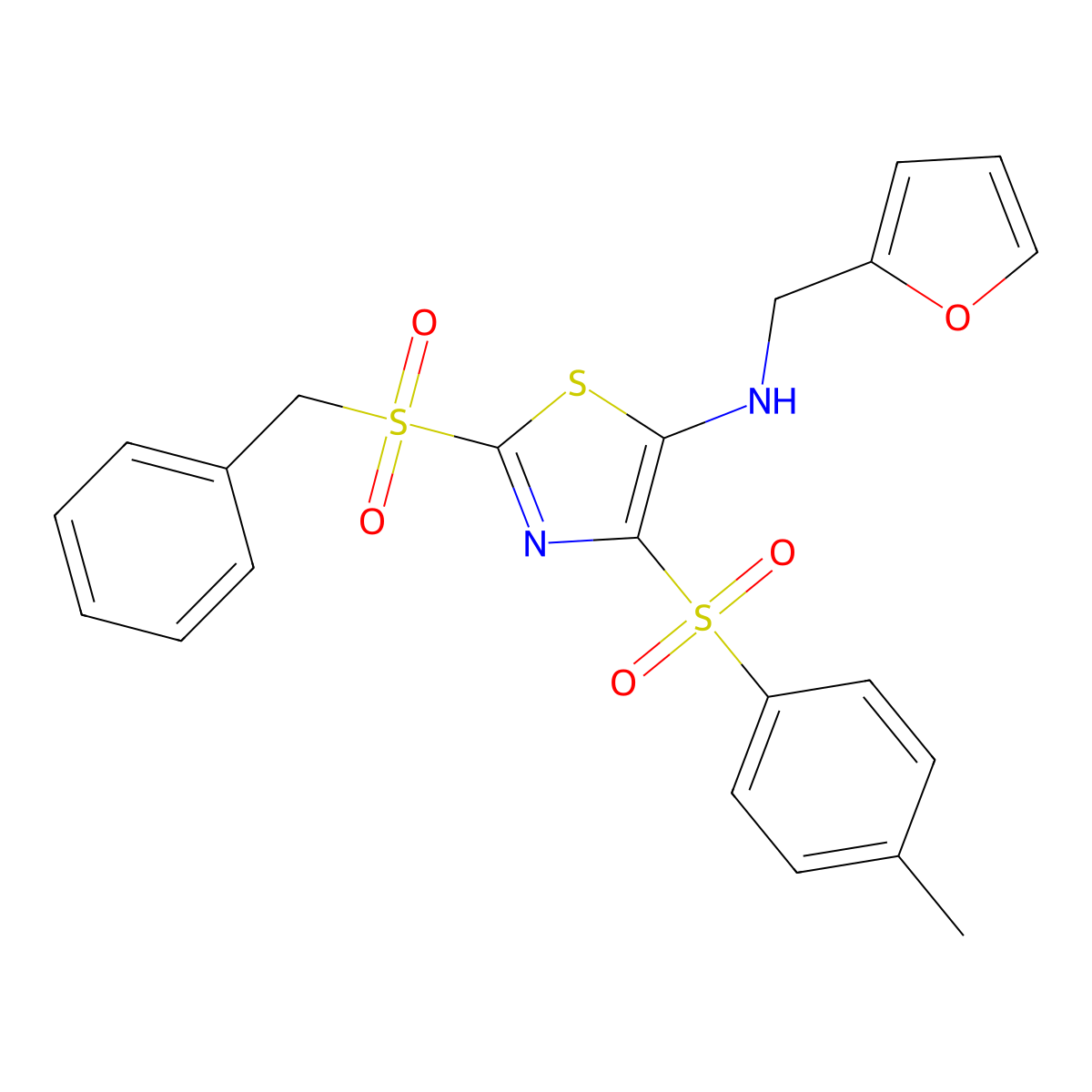2-(benzylsulfonyl)-N-(furan-2-ylmethyl)-4-tosylthiazol-5-amine molecular structure, CAS 824417-71-2
