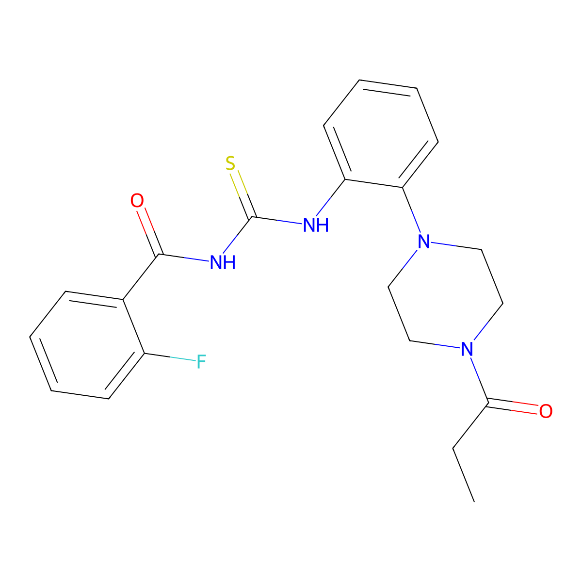 2-fluoro-N-[[2-(4-propanoylpiperazin-1-yl)phenyl]carbamothioyl]benzamide molecular structure, CAS 824417-94-9