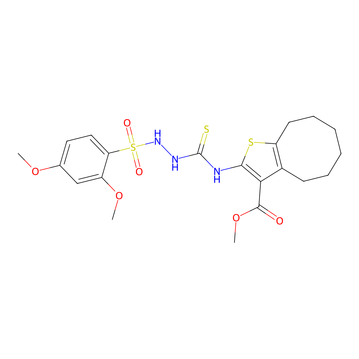 Methyl 2-[({2-[(2,4-dimethoxyphenyl)sulfonyl]hydrazinyl}carbonothioyl)amino]-4,5,6,7,8,9-hexahydrocycloocta[b]thiophene-3-carboxylate molecular structure, CAS 824420-81-7