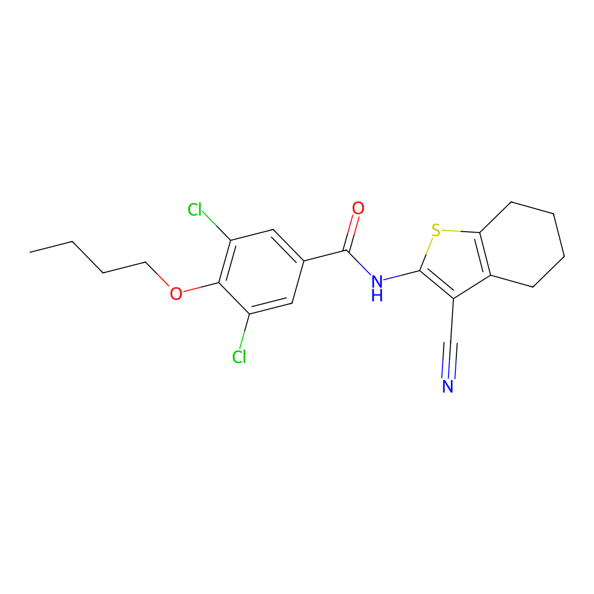 4-butoxy-3,5-dichloro-N-(3-cyano-4,5,6,7-tetrahydro-1-benzothiophen-2-yl)benzamide molecular structure, CAS 824423-37-2