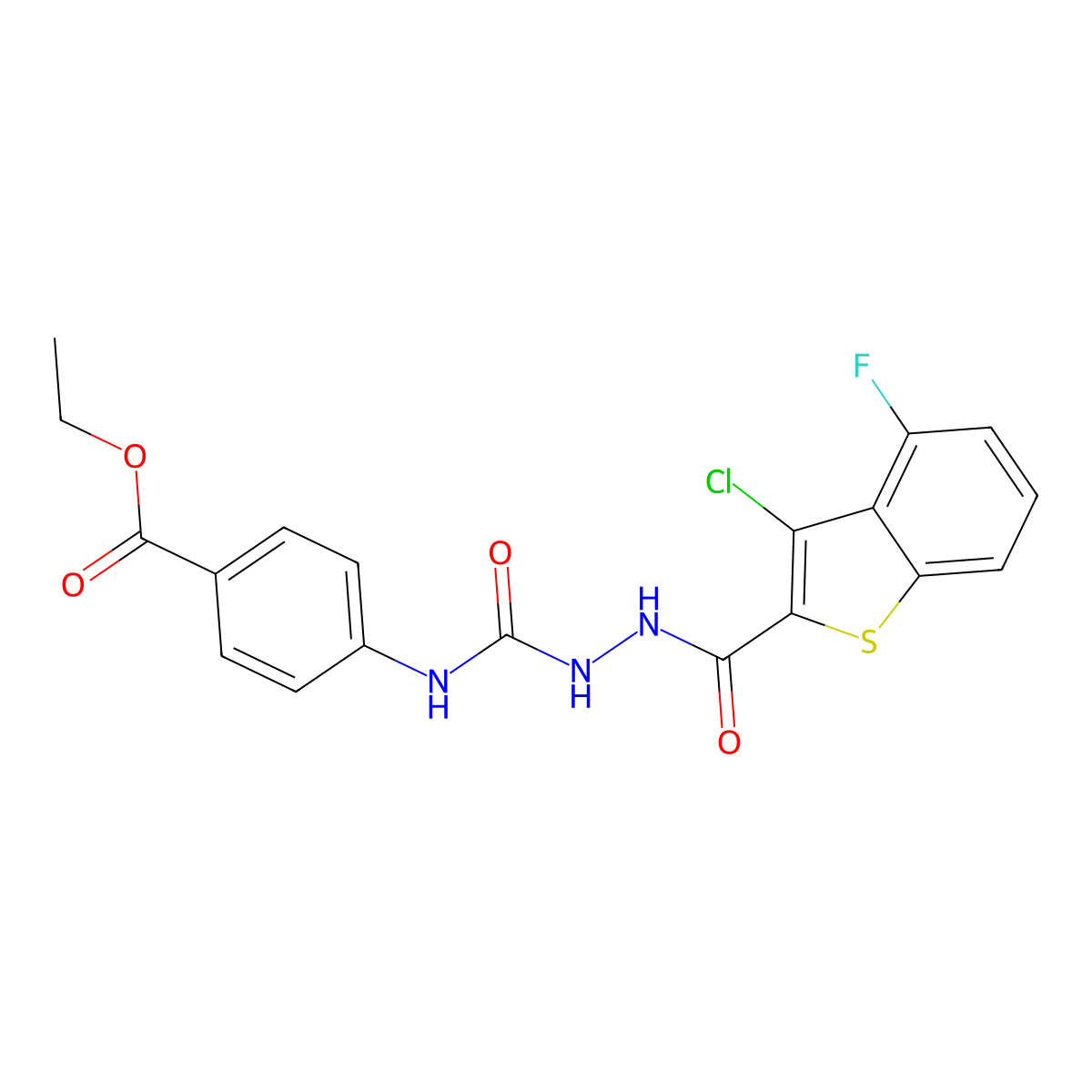 Ethyl 4-[({2-[(3-chloro-4-fluoro-1-benzothiophen-2-yl)carbonyl]hydrazinyl}carbonyl)amino]benzoate molecular structure, CAS 824423-89-4