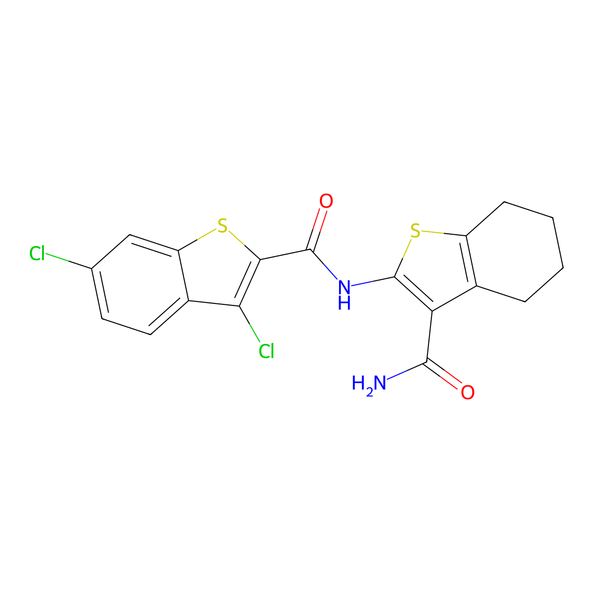 N-(3-carbamoyl-4,5,6,7-tetrahydro-1-benzothiophen-2-yl)-3,6-dichloro-1-benzothiophene-2-carboxamide molecular structure, CAS 824942-31-6