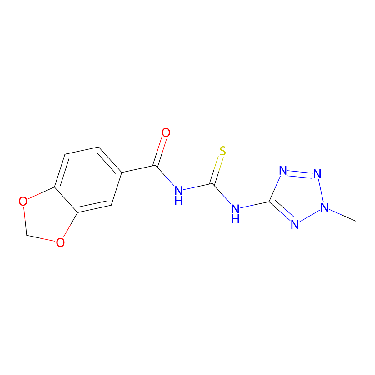 N-(1,3-benzodioxol-5-ylcarbonyl)-N'-(2-methyl-2H-tetraazol-5-yl)thiourea molecular structure, CAS 824944-04-9