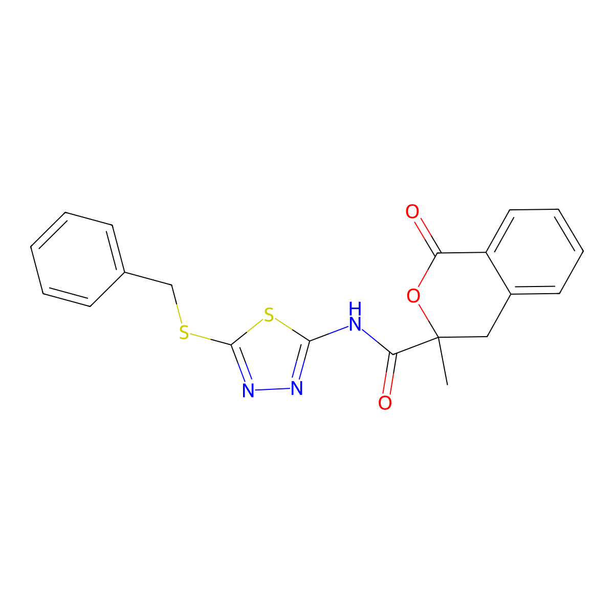 N-[5-(benzylsulfanyl)-1,3,4-thiadiazol-2-yl]-3-methyl-1-oxo-3,4-dihydro-1H-isochromene-3-carboxamide molecular structure, CAS 824944-37-8