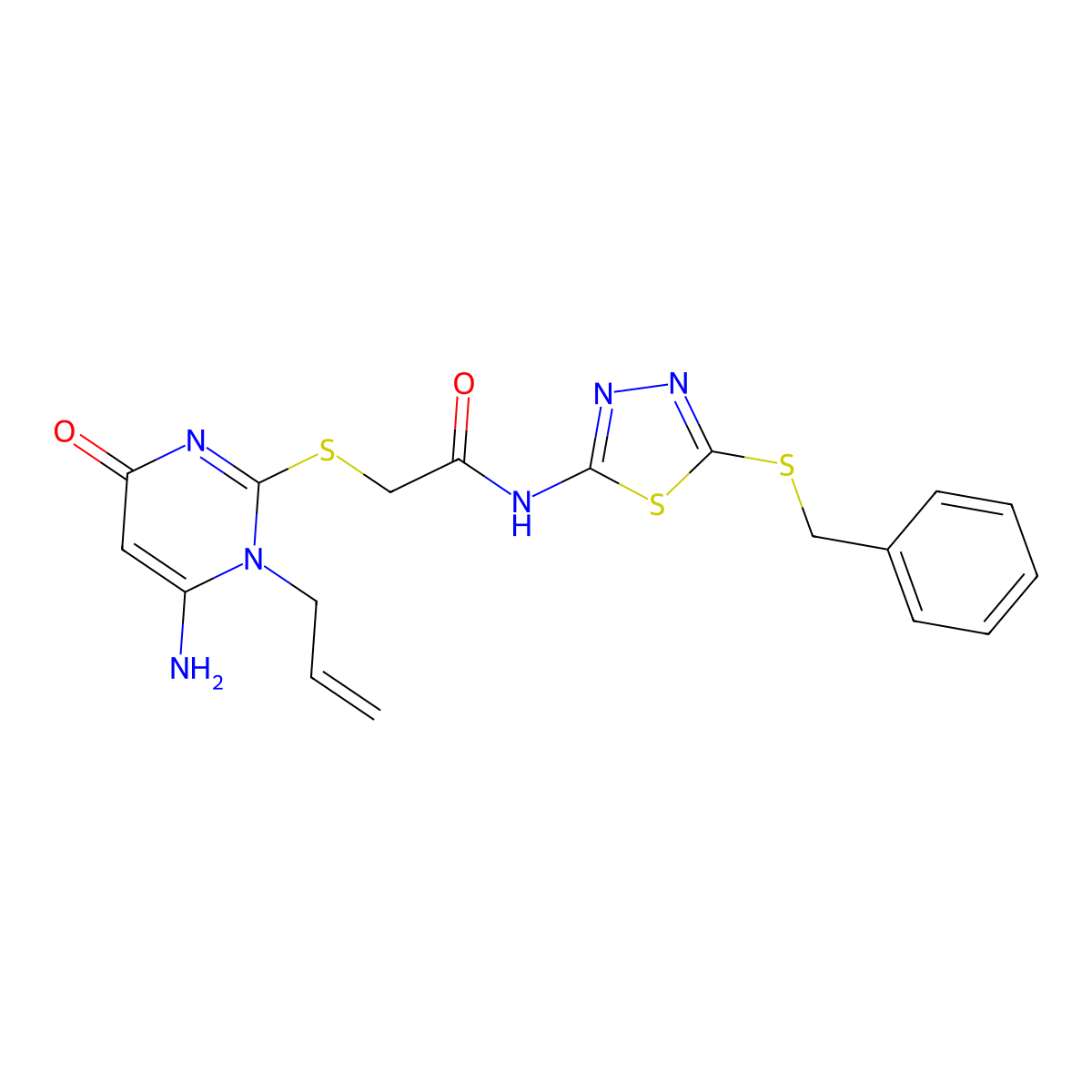 2-(6-amino-4-oxo-1-prop-2-enylpyrimidin-2-yl)sulfanyl-N-(5-benzylsulfanyl-1,3,4-thiadiazol-2-yl)acetamide molecular structure, CAS 824945-57-5