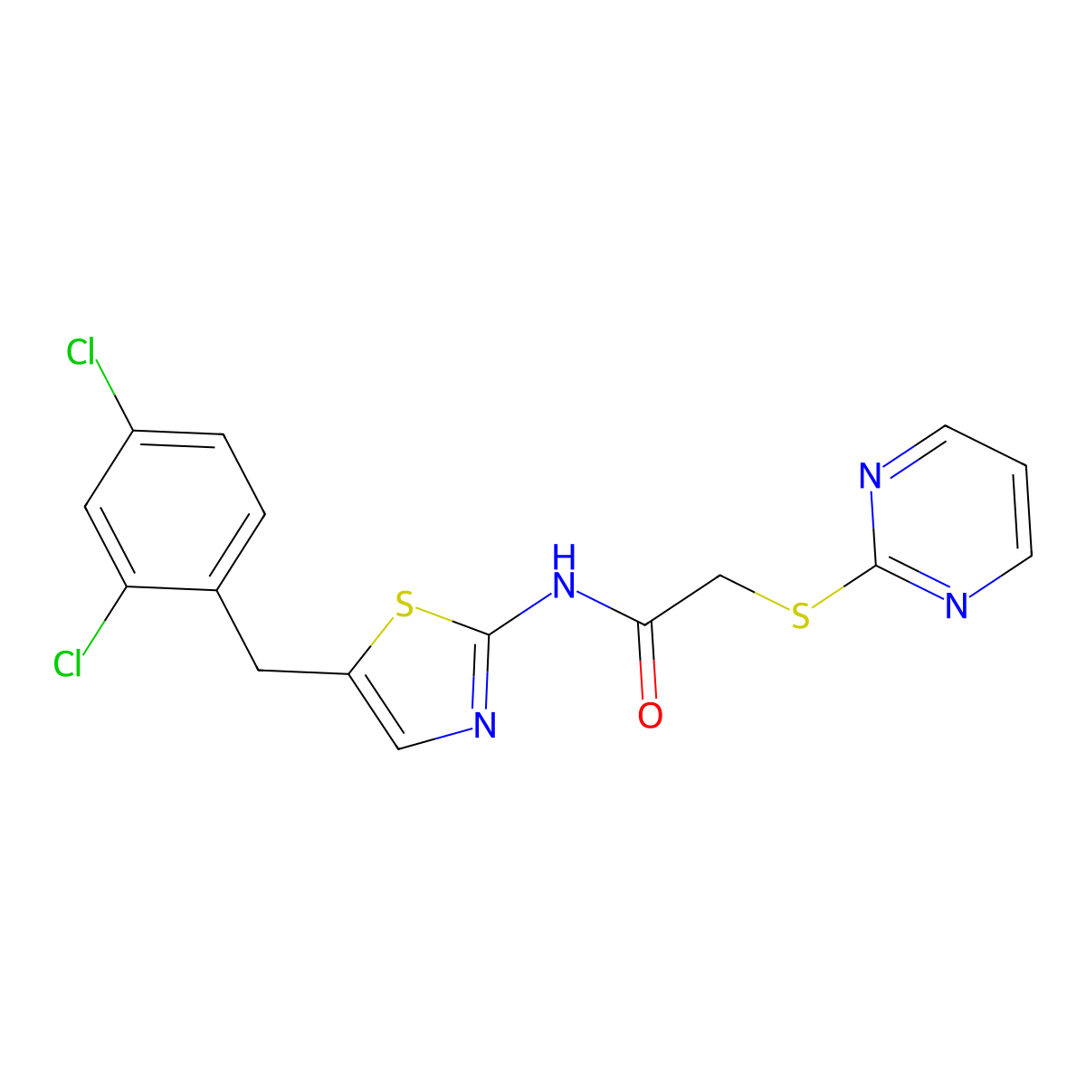 N-[5-[(2,4-dichlorophenyl)methyl]-1,3-thiazol-2-yl]-2-pyrimidin-2-ylsulfanylacetamide molecular structure, CAS 824945-59-7