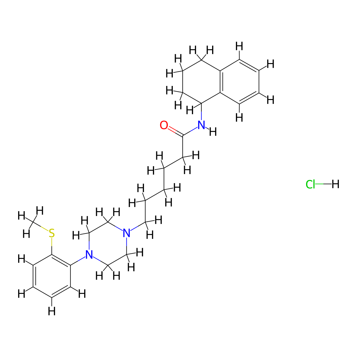 1-Piperazinehexanamide, 4-(2-(methylthio)phenyl)-N-(1,2,3,4-tetrahydro-1-naphthalenyl)-, hydrochloride (1:1) molecular structure, CAS 824958-12-5