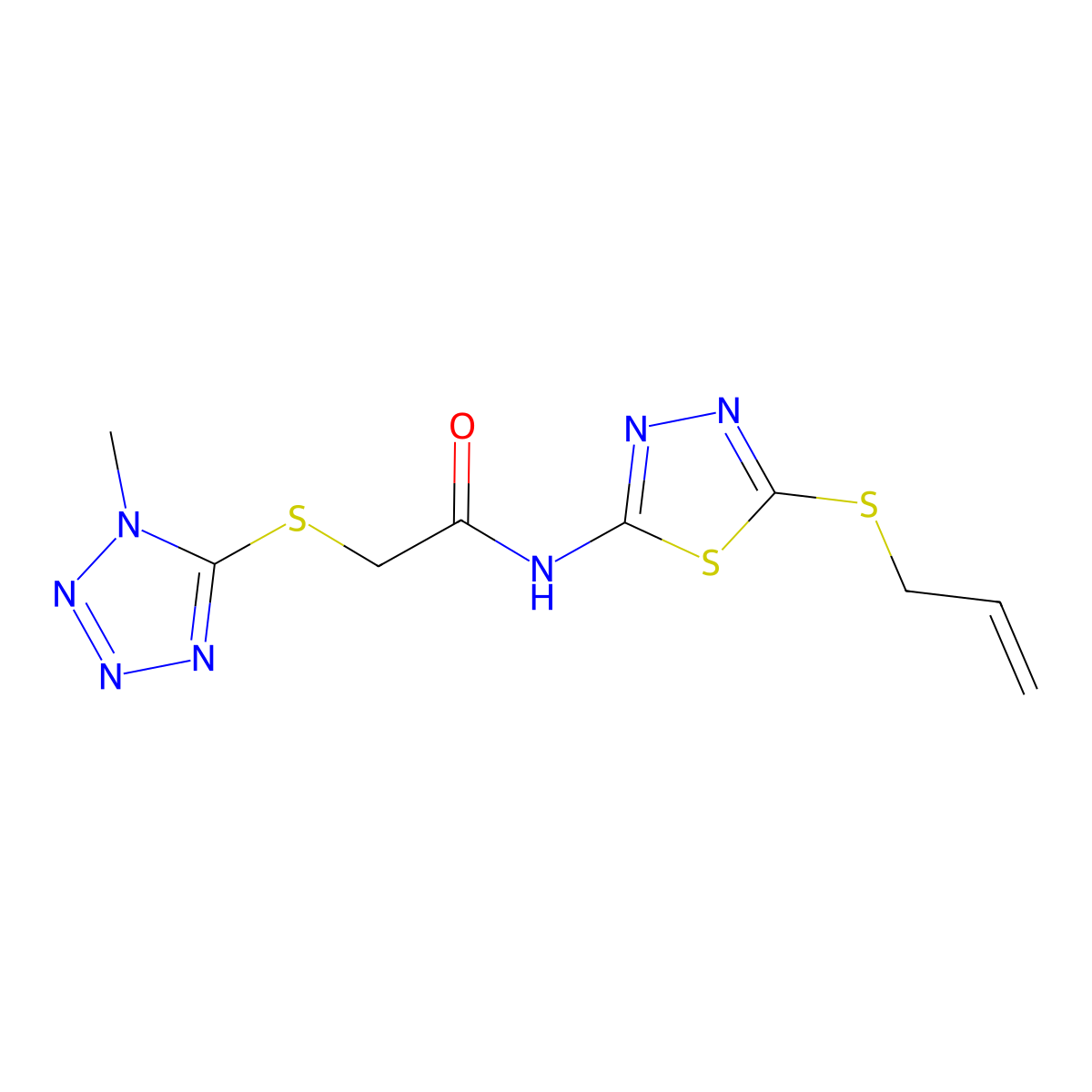 2-(1-methyltetrazol-5-yl)sulfanyl-N-(5-prop-2-enylsulfanyl-1,3,4-thiadiazol-2-yl)acetamide molecular structure, CAS 824961-38-8