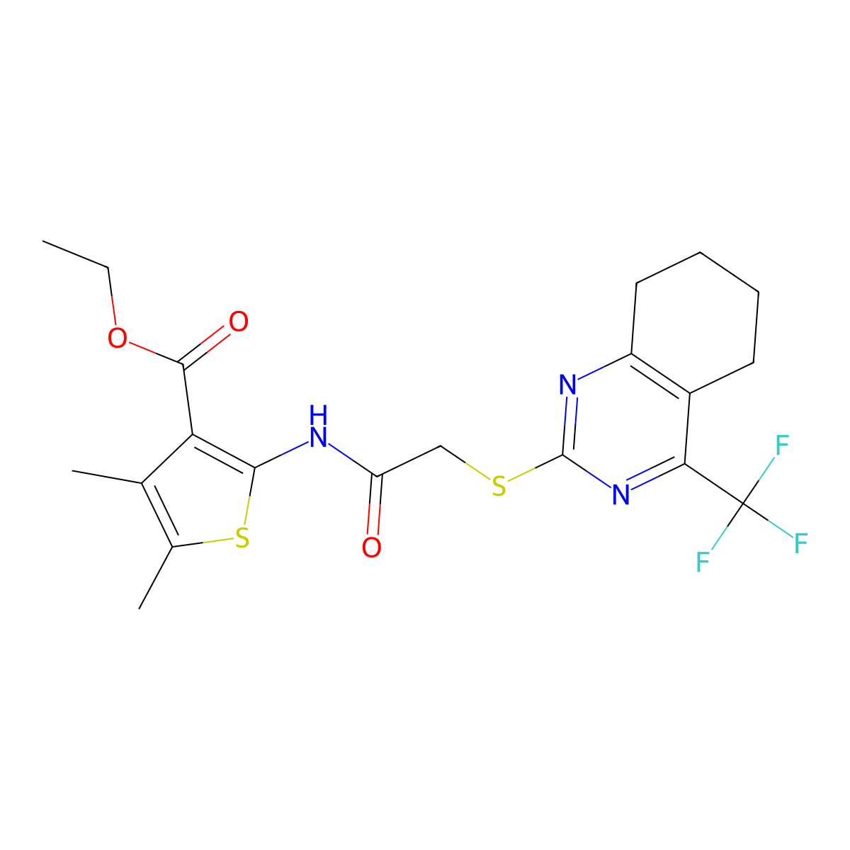 Ethyl 4,5-dimethyl-2-[({[4-(trifluoromethyl)-5,6,7,8-tetrahydroquinazolin-2-yl]sulfanyl}acetyl)amino]thiophene-3-carboxylate molecular structure, CAS 824961-54-8