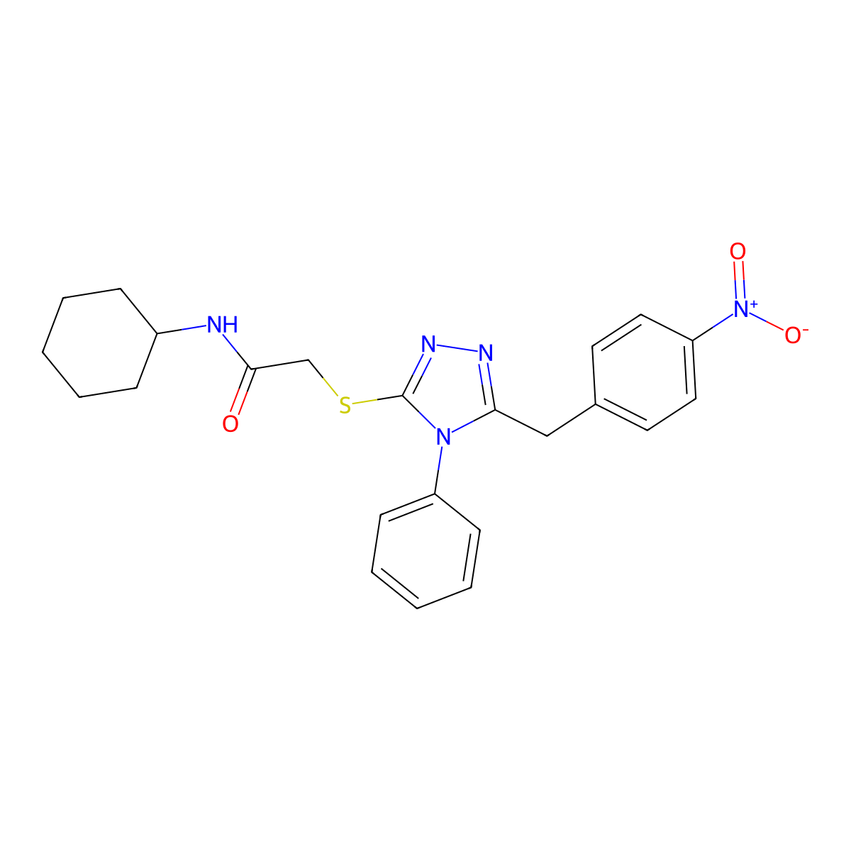 N-cyclohexyl-2-[[5-[(4-nitrophenyl)methyl]-4-phenyl-1,2,4-triazol-3-yl]sulfanyl]acetamide molecular structure, CAS 824972-52-3