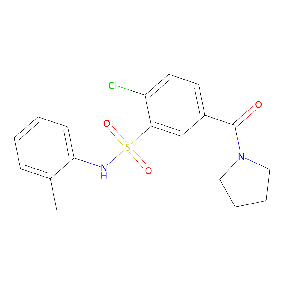 2-chloro-N-(2-methylphenyl)-5-(pyrrolidine-1-carbonyl)benzenesulfonamide molecular structure, CAS 824975-19-1