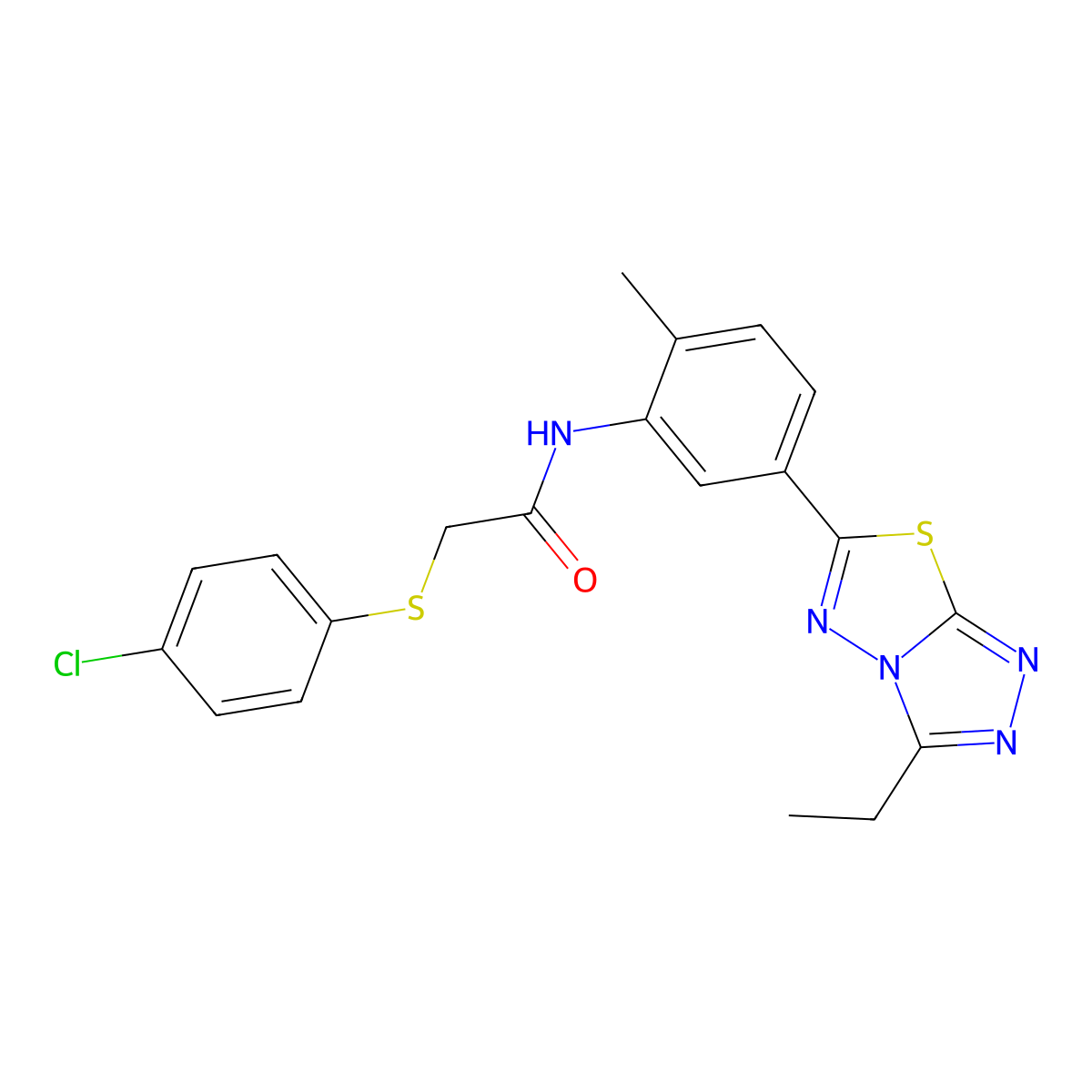 2-(4-chlorophenyl)sulfanyl-N-[5-(3-ethyl-[1,2,4]triazolo[3,4-b][1,3,4]thiadiazol-6-yl)-2-methylphenyl]acetamide molecular structure, CAS 824977-19-7