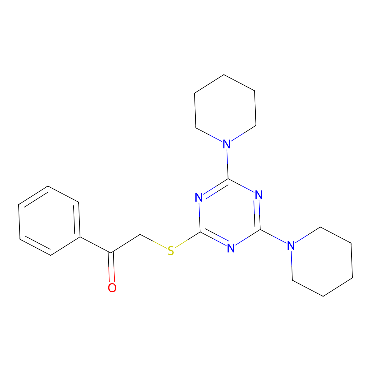 2-[[4,6-Bis(1-piperidinyl)-1,3,5-triazin-2-yl]thio]-1-phenylethanone molecular structure, CAS 824977-42-6