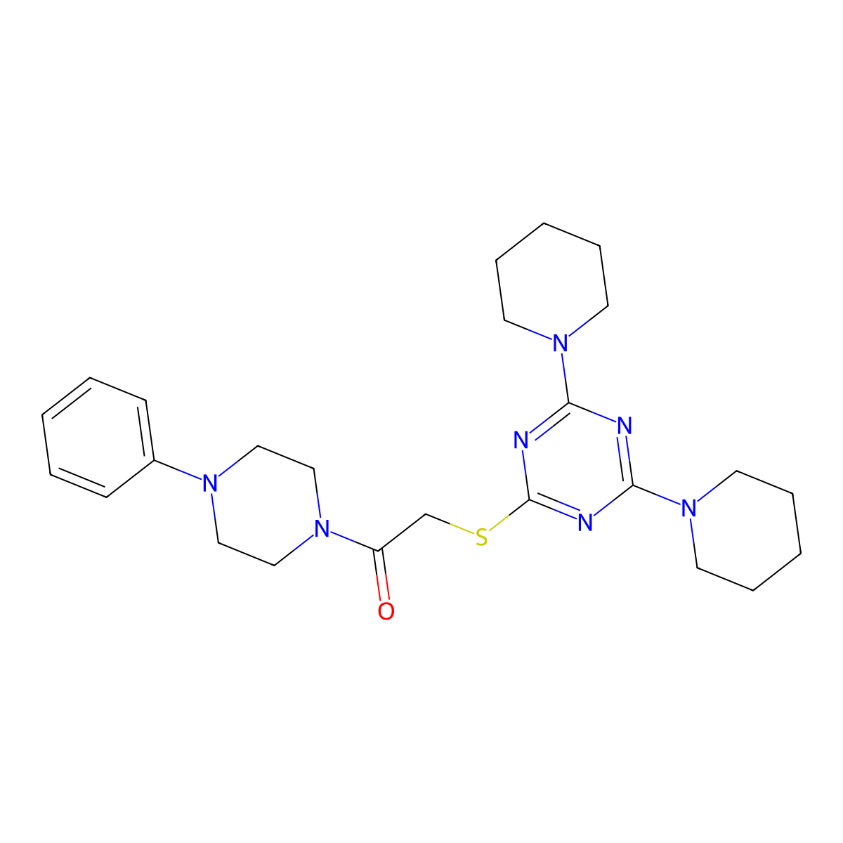 2-[[4,6-Di(piperidin-1-yl)-1,3,5-triazin-2-yl]sulfanyl]-1-(4-phenylpiperazin-1-yl)ethanone molecular structure, CAS 824977-43-7