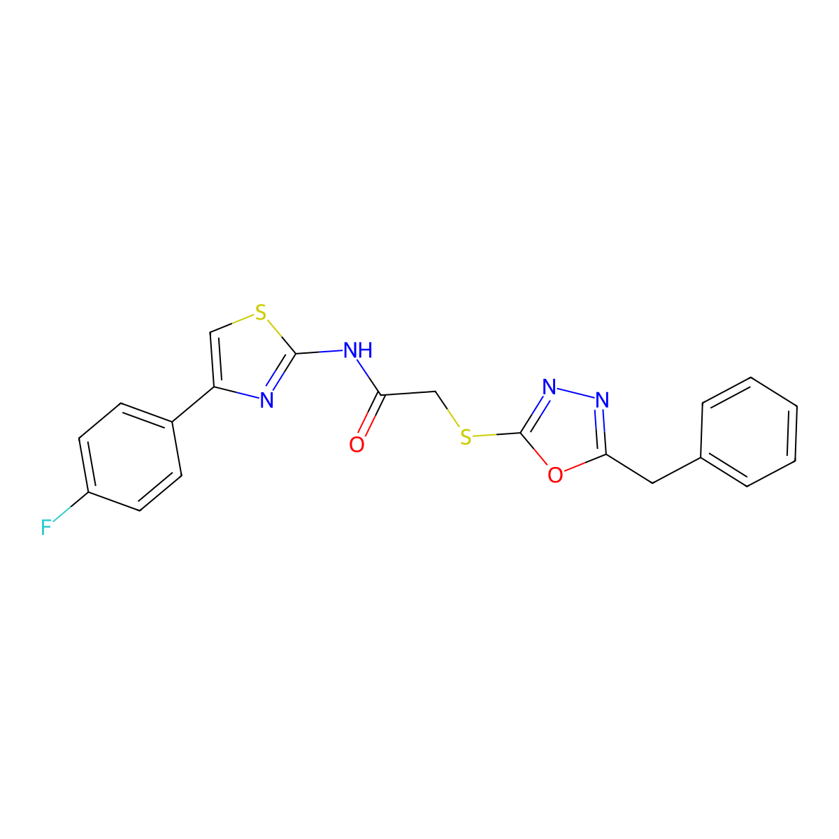 2-[(5-benzyl-1,3,4-oxadiazol-2-yl)sulfanyl]-N-[4-(4-fluorophenyl)-1,3-thiazol-2-yl]acetamide molecular structure, CAS 824979-15-9