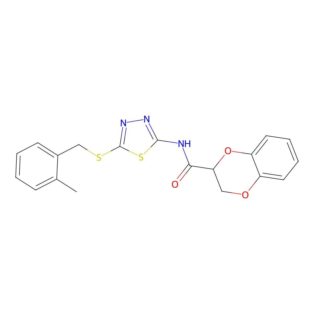N-[5-[(2-methylphenyl)methylsulfanyl]-1,3,4-thiadiazol-2-yl]-2,3-dihydro-1,4-benzodioxine-3-carboxamide molecular structure, CAS 824980-29-2