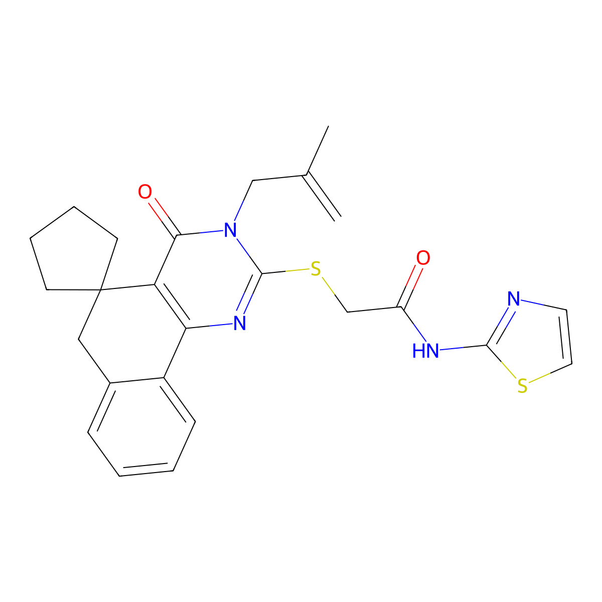 2-[3-(2-methylprop-2-enyl)-4-oxospiro[6H-benzo[h]quinazoline-5,1'-cyclopentane]-2-yl]sulfanyl-N-(1,3-thiazol-2-yl)acetamide molecular structure, CAS 824980-37-2