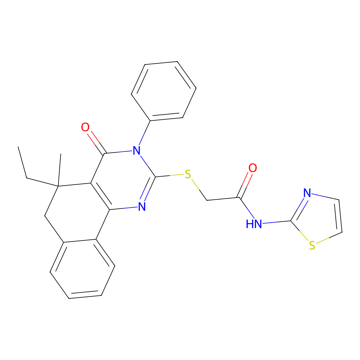 2-[(5-ethyl-5-methyl-4-oxo-3-phenyl-6H-benzo[h]quinazolin-2-yl)sulfanyl]-N-(1,3-thiazol-2-yl)acetamide molecular structure, CAS 824980-61-2