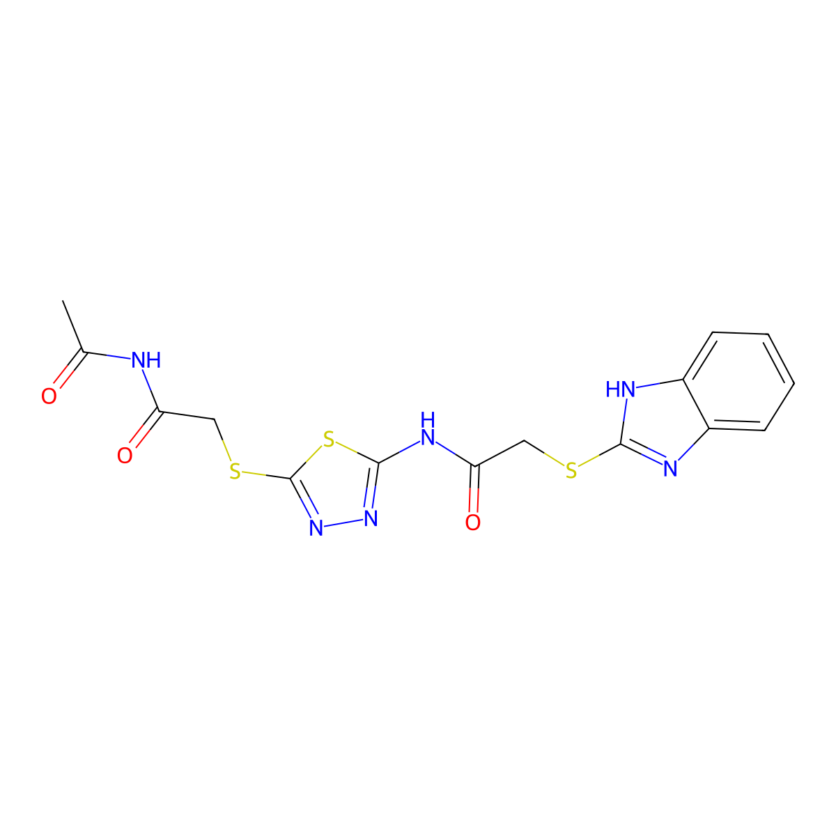 N-[5-(2-acetamido-2-oxoethyl)sulfanyl-1,3,4-thiadiazol-2-yl]-2-(1H-benzimidazol-2-ylsulfanyl)acetamide molecular structure, CAS 824980-88-3