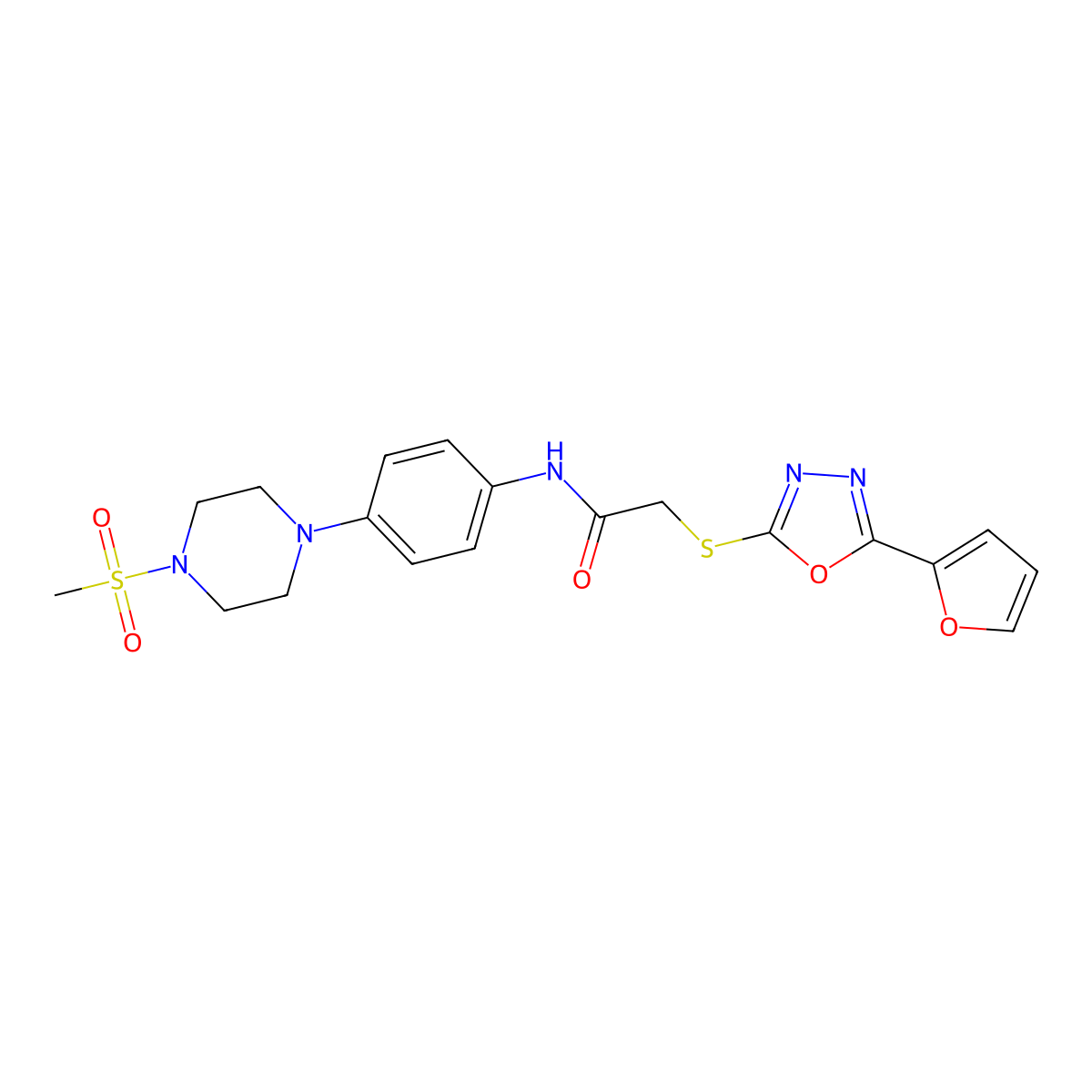 2-[[5-(furan-2-yl)-1,3,4-oxadiazol-2-yl]sulfanyl]-N-[4-(4-methylsulfonylpiperazin-1-yl)phenyl]acetamide molecular structure, CAS 824980-95-2