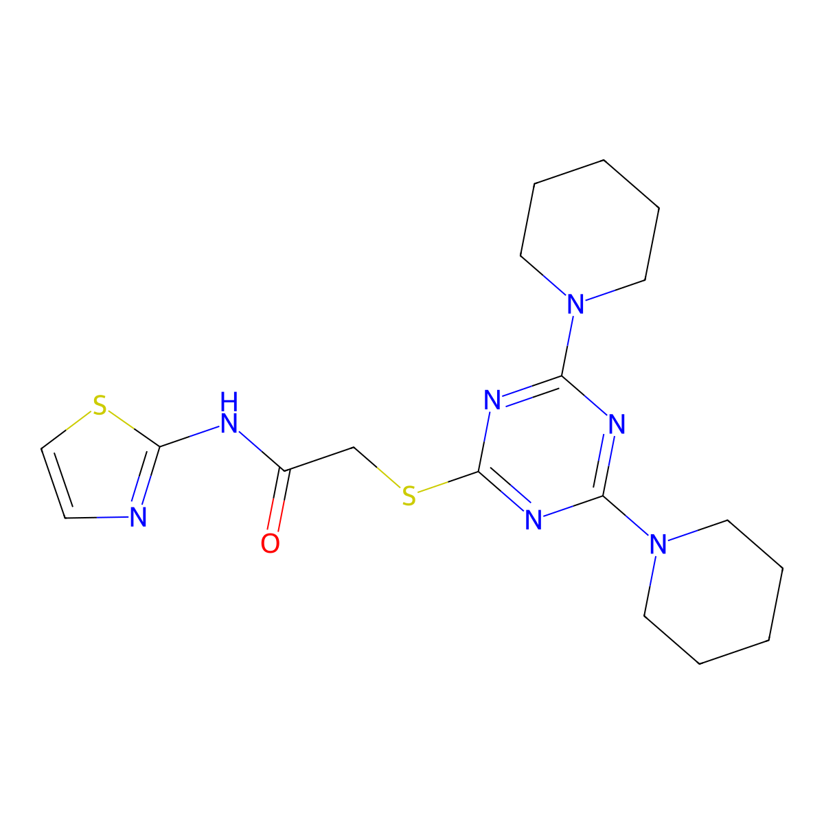 2-[[4,6-di(piperidin-1-yl)-1,3,5-triazin-2-yl]sulfanyl]-N-(1,3-thiazol-2-yl)acetamide molecular structure, CAS 824981-05-7