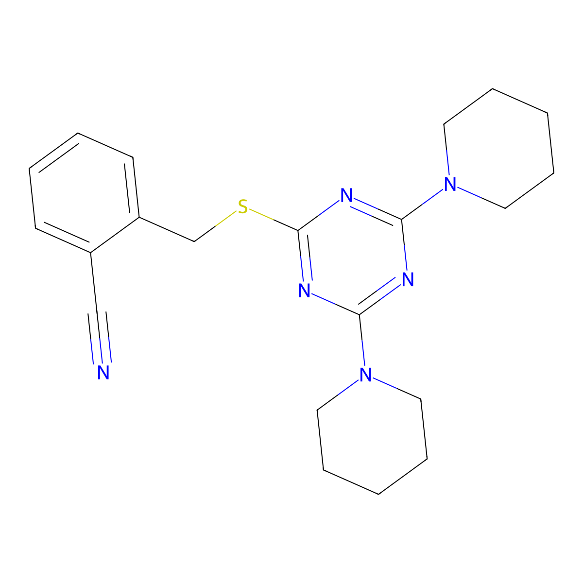 2-[[4,6-Di(piperidin-1-yl)-1,3,5-triazin-2-yl]sulfanylmethyl]benzonitrile molecular structure, CAS 824981-16-0
