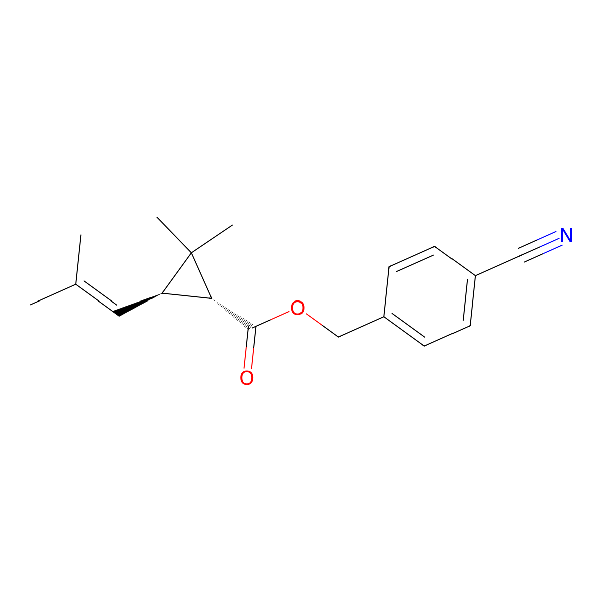 Cyclopropanecarboxylic acid, 2,2-dimethyl-3-(2-methyl-1-propenyl)-, (4-cyanophenyl)methyl ester, (1R-trans)- molecular structure, CAS 82535-32-8