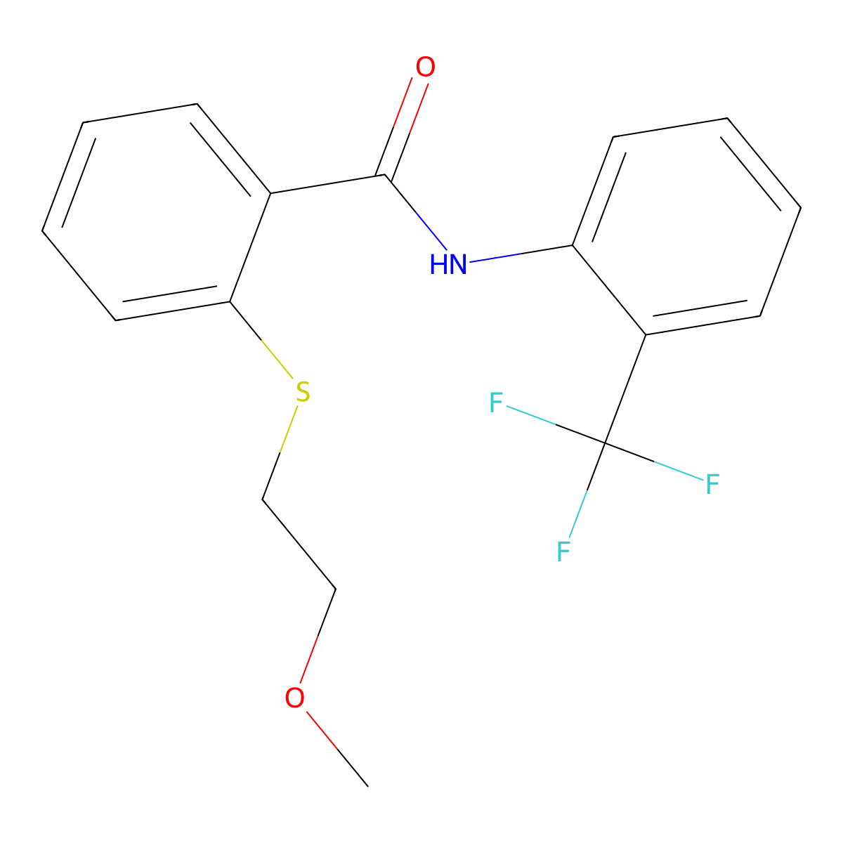 2-(2-methoxyethylsulfanyl)-N-[2-(trifluoromethyl)phenyl]benzamide molecular structure, CAS 825597-45-3