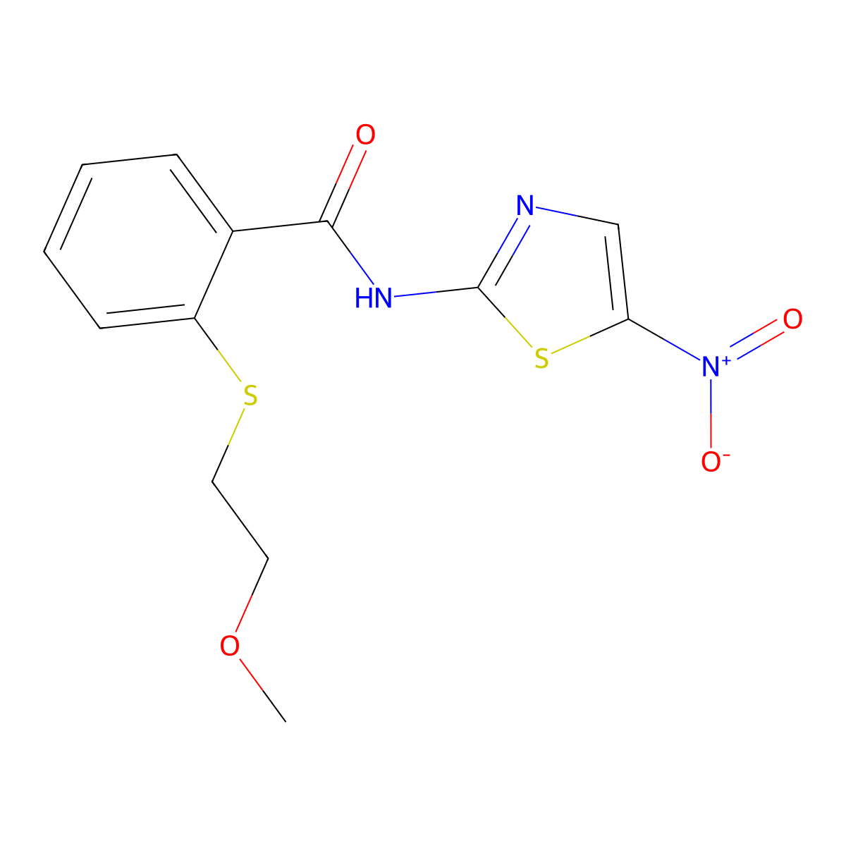 2-(2-methoxyethylsulfanyl)-N-(5-nitro-1,3-thiazol-2-yl)benzamide molecular structure, CAS 825597-51-1