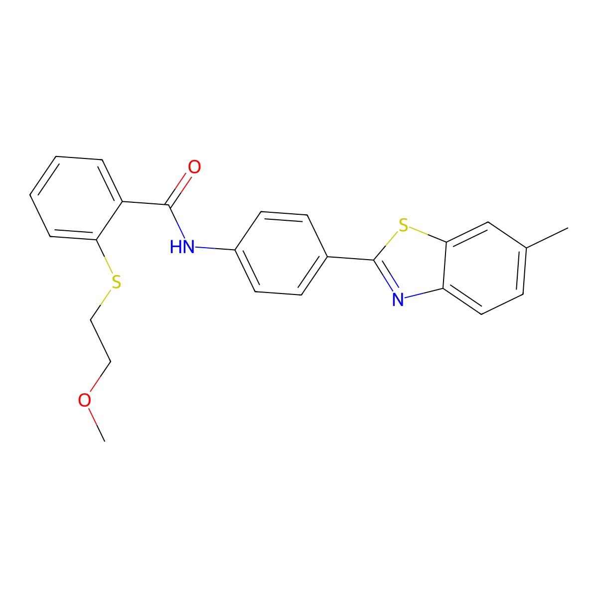2-(2-methoxyethylsulfanyl)-N-[4-(6-methyl-1,3-benzothiazol-2-yl)phenyl]benzamide molecular structure, CAS 825597-54-4