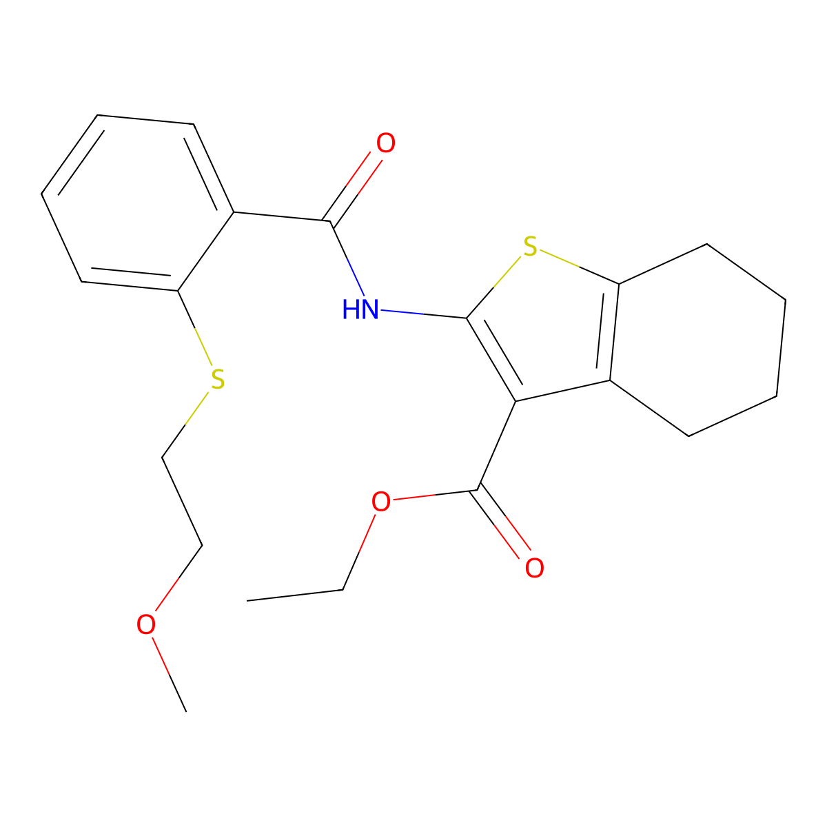 Ethyl 2-[({2-[(2-methoxyethyl)sulfanyl]phenyl}carbonyl)amino]-4,5,6,7-tetrahydro-1-benzothiophene-3-carboxylate molecular structure, CAS 825597-55-5