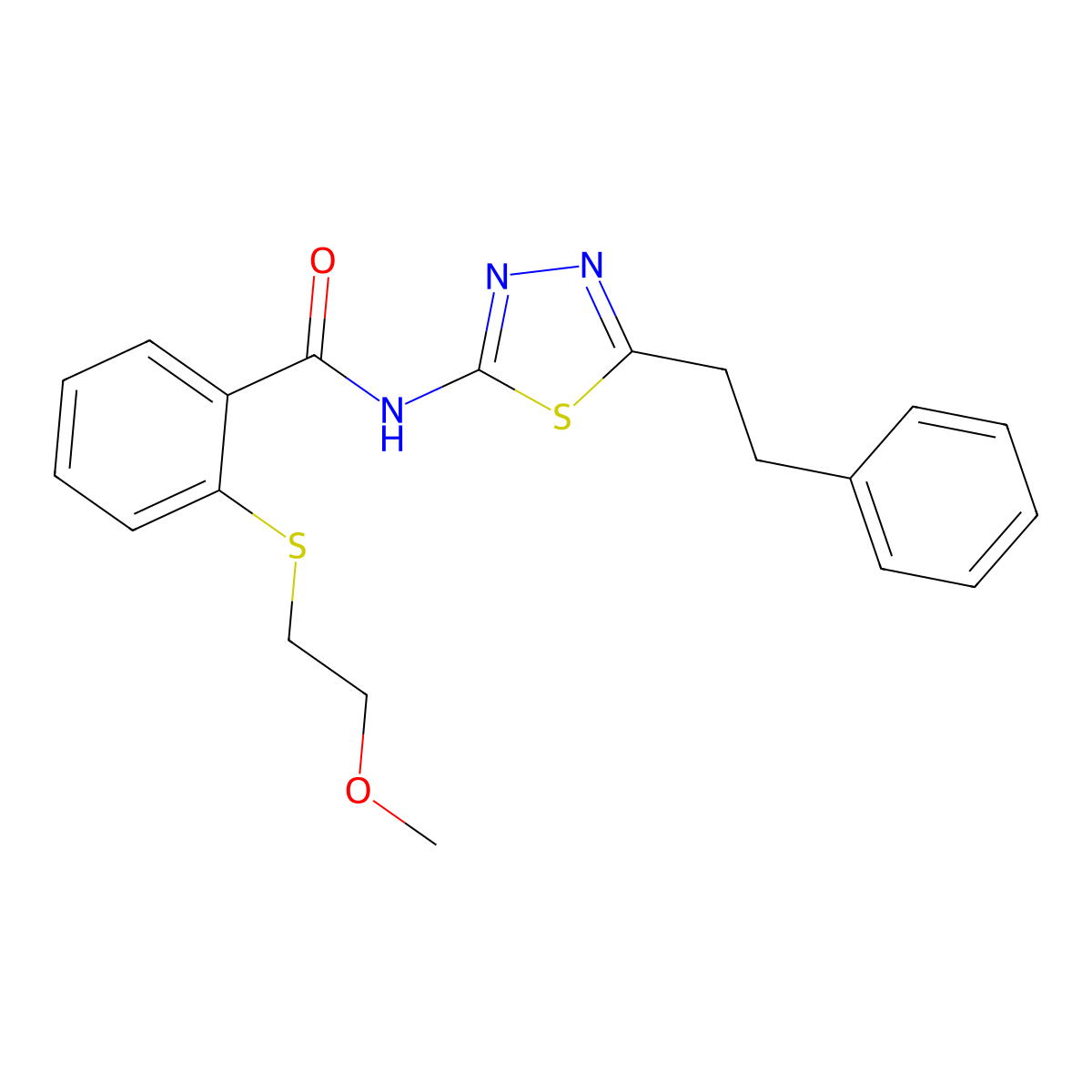 2-[(2-methoxyethyl)sulfanyl]-N-[5-(2-phenylethyl)-1,3,4-thiadiazol-2-yl]benzamide molecular structure, CAS 825597-57-7