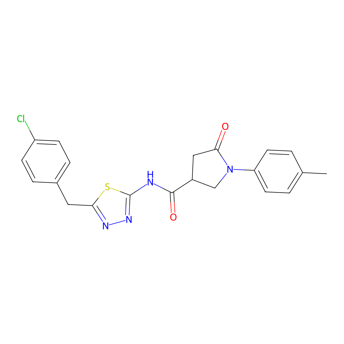 N-[5-[(4-chlorophenyl)methyl]-1,3,4-thiadiazol-2-yl]-1-(4-methylphenyl)-5-oxopyrrolidine-3-carboxamide molecular structure, CAS 825597-89-5
