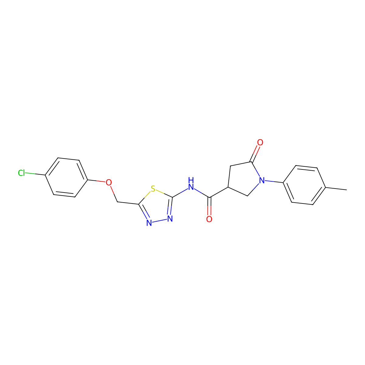N-{5-[(4-chlorophenoxy)methyl]-1,3,4-thiadiazol-2-yl}-1-(4-methylphenyl)-5-oxopyrrolidine-3-carboxamide molecular structure, CAS 825597-91-9