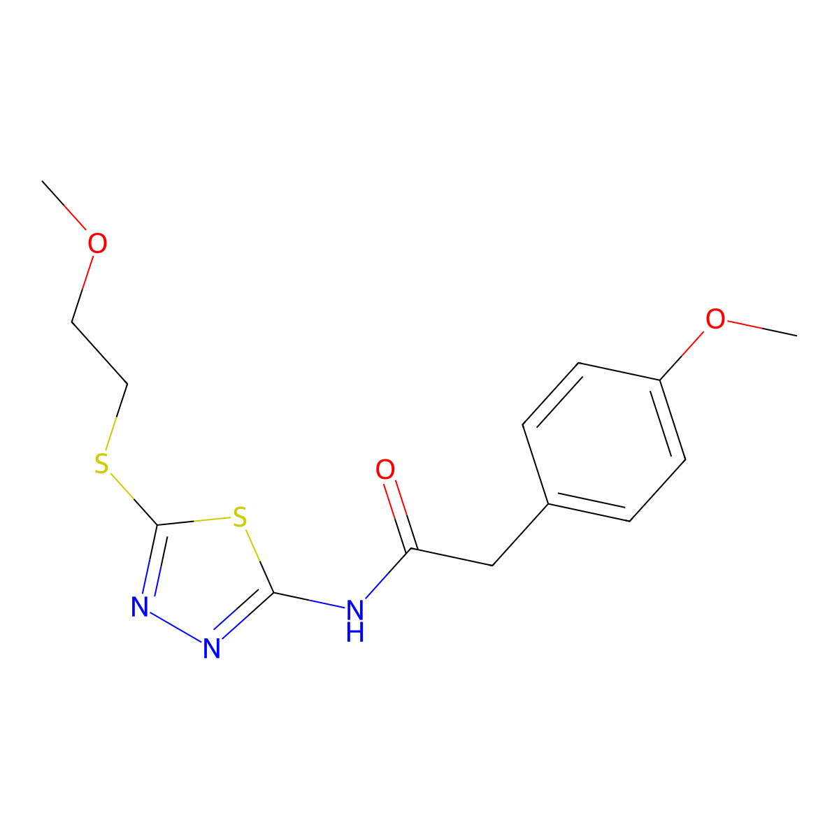 N-[5-(2-methoxyethylsulfanyl)-1,3,4-thiadiazol-2-yl]-2-(4-methoxyphenyl)acetamide molecular structure, CAS 825598-09-2