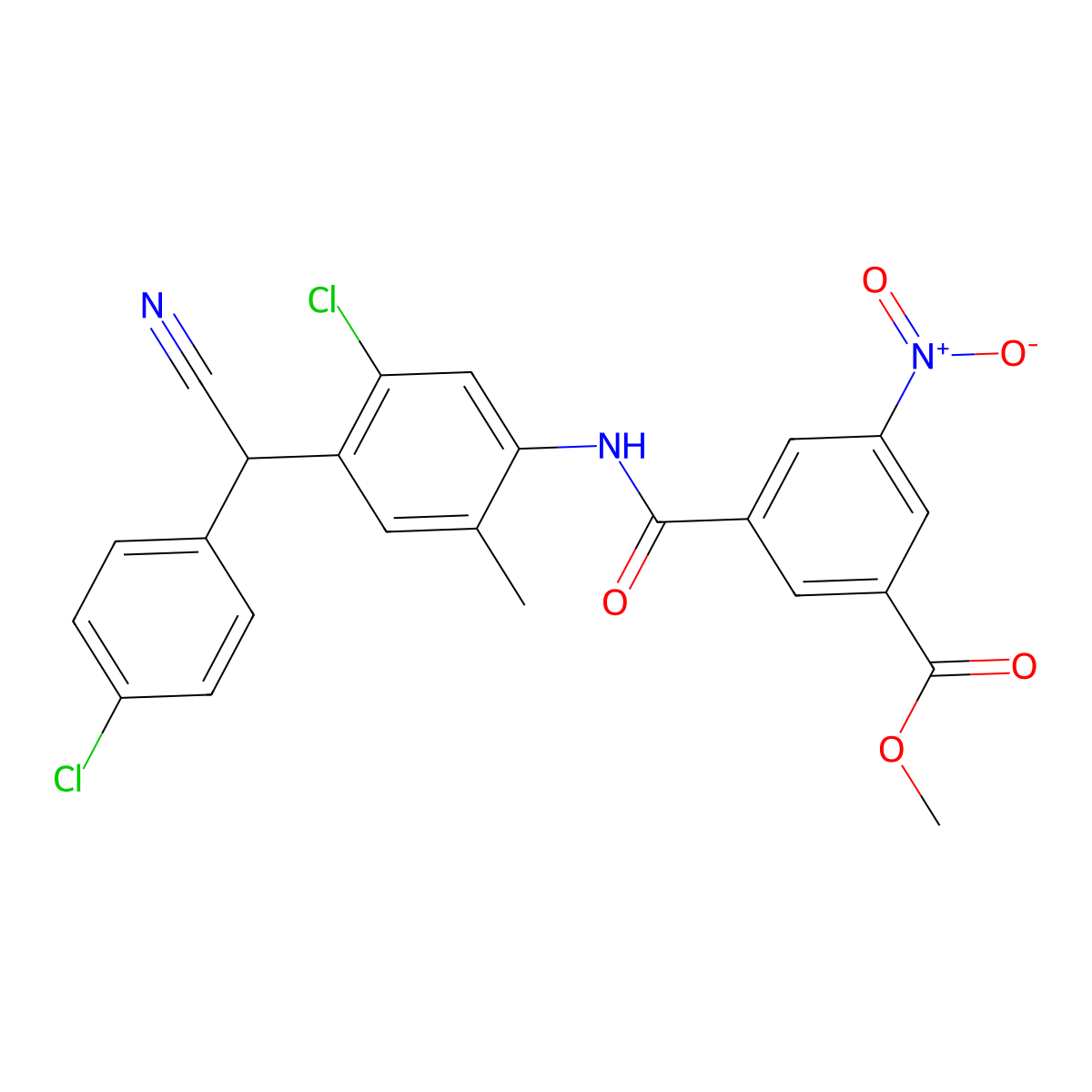 Methyl 3-({5-chloro-4-[(4-chlorophenyl)(cyano)methyl]-2-methylphenyl}carbamoyl)-5-nitrobenzoate molecular structure, CAS 825598-31-0