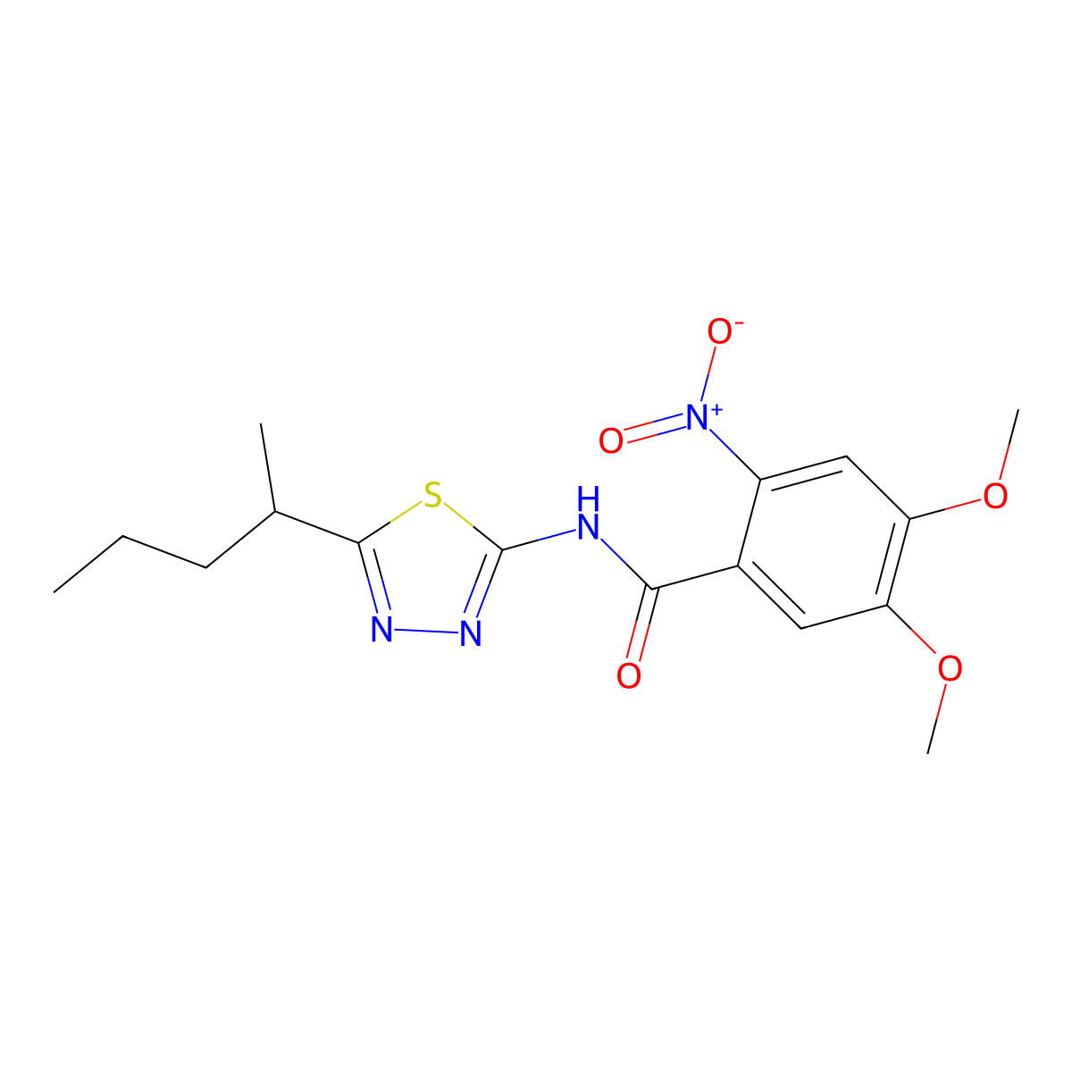 4,5-dimethoxy-2-nitro-N-(5-pentan-2-yl-1,3,4-thiadiazol-2-yl)benzamide molecular structure, CAS 825598-36-5